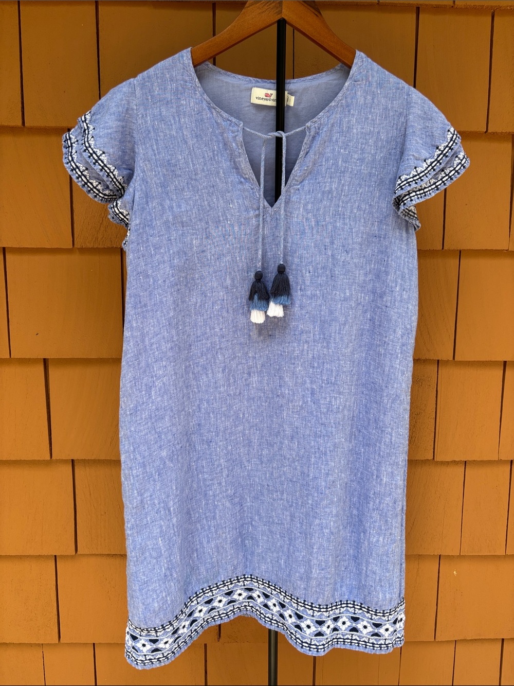 VINEYARD VINES Linen Blue Chambray Embroidered Flutter Sleeve Shift Dress Size S